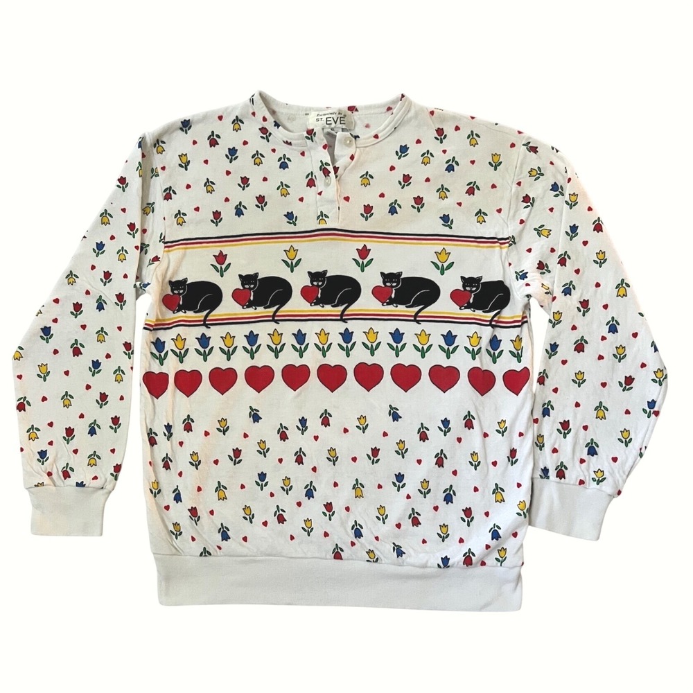 St. Eve Vintage Pullover Top White Cat Heart Floral Print Henley XL